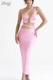 2 Pieces Set Sexy Elegant Pink One Shoulder Crop Top and Long Skirt Set Satin Evening Night Party Dresses Women Outfit