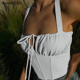 Sleeveless Camis Women Lace up Ruched Tank Top Women Summer 2021 Casual Elegant Crop Top Bandage Backless Solid