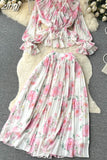 Autumn Women Draped Floral Two Piece Set Vintage Flower Printed Ruffle Blouse + High Waist Pleated Skirt 2Pcs Suits