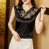 Blouse Women Fashion Womens Tops and Blouses Silk Shirts for Women V-neck Lace Elegant Tank Tops Sleeveless Woman
