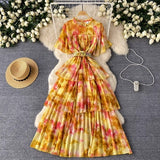 Retro Tea Faint Dyed Print Dress Women Waist Horn Sleeves Thin Temperament Lotus Leaf Side Chiffon Long
