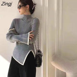 Sweater Women Side-split Flare Sleeve Patchwork Korean Style Sexy Design Slim Popular Stylish Loose Casual