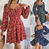 Shooting 2025 Autumn And Winter Casual Sexy Tie Side Collar Broken Flower Long-Sleeved A Dress Women's