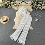 Zingj Seaside Vacation Set Women's Summer Knit Tassel Hanging Neck Top High-Waisted Hollowed-Out Trousers Two-Piece