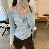 Chic Shoulder-Exposed Shoulder Collar Long-Sleeved T-Shirt Women's Early Autumn New Pleated Thin