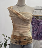Net Yarn Printed Slanted Shoulder Sling Vest Retro Design Folding Temperament Short Blouse