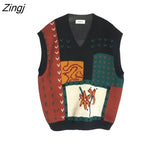 Vest Women Loose Sleeveless V-neck Print Panelled Trendy Retro All-match Japanese Style Unisex Couple Harajuku