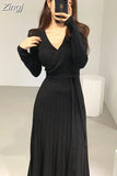 Women Knitted Bodycon Pencil Dress New 2023 Autumn Winter Solid Vestidos Long Sleeve V Neck Slim Lady Chic Korean