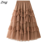 Tulle Purple Green Long Skirts Womens Korean Style Solid High Waist A-Line Tutu Skirt Female Mesh Pleated Maxi