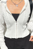 Casual Basic White Cardigans Knit Sweaters Tops Korean Fashion Zip Up Hooded Sweater Jacket Solid Short Autumn