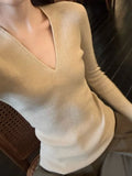 Tea Color V-Neck Knitted Shirt Slimy Temperament Fashion Thin Inside The Bottom Shirt Tight Cashmere Sweater