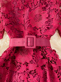 Hollow Out Lace Long Dress Women Sexy O-Neck Short Sleeve High Waist A-Line Vacation Beach Vestidos Female With Belt