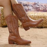 Embroidered High-Heeling Boots Girls Autumn And Winter Coarse And Boots Net Red Knight Boots Pointed West Cowboy