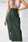 PU Leather Brown Skirts Womens 2023 High Waist Zipper Long Skirt Green Office Pencil Elegant Women's Skirts For Work