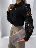Sexy Lace Hollow Out Women Blouse Streetwear 2023 Autumn Black Button Up Shirts Green Top Long Sleeve Mesh Design