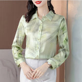 Women's Shirts Fashion Long Sleeve Sweet Printed Clothing Female 2023 Silk Polo Neck Button Up Tops Women Basic Blouse