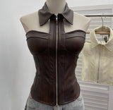 Shot With Chest Pad Hanging Neck Sling Vest Babes Design Pu Skin Tight Short Sleeveless Top Woman