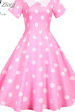 Women Summer Dress Black Polka Dot Short Sleeve Peter pan Collar Casual Elegant Party Vintage Midi Sundress Robe