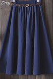 Women Preppy Style Summer Skirt Casual A-line Solid With Belt Mid-length Fashion Elegant Chic Girls Midi Skirts