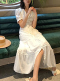 Dresses Women Cotton Patchwork V-Neck Short Sleeve Maxi Dress Female Single Breasted Hollow Out Beach Long Dress