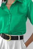 Office Lady Short Sleeved Satin Shirt 2023Casual Loose Buttons Summer Blouse Women Elegant Tops Women Clothing