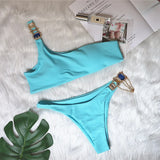 Zingj New Swimsuit Luxury Crystal Diamond Chain Female Split Swimsuit Plain Color One Shoulder Sexy