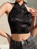 Chinese Style Elegant Jacquard Black Halter Top Backless Lace Up Bow Summer Tank Top Women Sexy Vest Gothic Crop