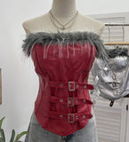 Shooting Retro Pu Skin Spliced Hair Bra Bra Strap Chest Punk Hottie Skin Buckle Waist Short Top