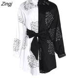 Spring Summer Women Casual Mini Dress Office Lady Letter Print Colorblock Long Lantern Sleeve Bandage Shirt Dress With