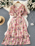 Women Floral Dress Vintage Red/Blue/Pink/White Sexy V-Neck Short Flare Sleeve High Waist Elegant A-Line Vestidos 2023