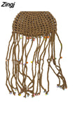 Chic Women Fashion Knitted Hats Y2K Aesthetics Retro Crochet Hollow Out Tassels Hats Caps Boho Holiday Beach