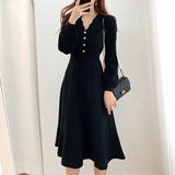One Piece Korean Pleated Dress Long Sleeve Slim Woman Sweater Dresses Knitted Elegant Midi Party Woman Dress Autumn