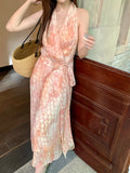 Xixi 2025 Summer New Korean Version Of High-Waisted Holiday With Dress V-Neck Print Pure Desire Skirt