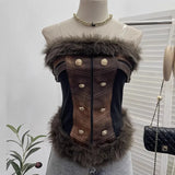 Leather Bra Waist Waist Coat Hair Spliced Pu Leather Slings To Collect Waist Thin Short Sleeveless Top
