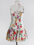 Holiday Style Slim Hanging Neck Bag Hip Dress 2025 Summer New Design Printing Folds Short Dress