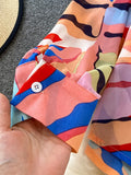 Women Printed Chiffon Two Piece Set Female Turn-Down Collar Single Breasted Blouse + High Waist Pleated Skirt Suit
