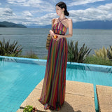 Zingj Color Stripe V-Neck Sling Dress Summer New Sexy Backless Seaside Holiday