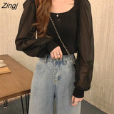 Sleeve Chiffon Shirts Korean Solid Button Sweet Shirt White Blusas Women Autumn Vintage Square Collar Blusas Clothes