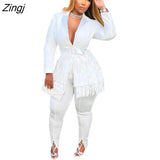 Suit Tassel 2 Two Piece Set Women Casual Autumn Winter Long Sleeve Shirt Tops + Skinny Legs Pants Female Outfit