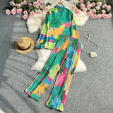 Zingj Suit Women's Casual Loose Long Sleeve Single-Breasted Shirt Two-Piece High Waist Slim Tie-Dye Print Wide-Leg
