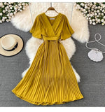 New V-Neck Short-Sleeved Dress Over Knee-Repaired Lady's Waist Tie Mid-Slap
