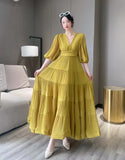 Seaside New Super Layer V-Neck Waist Temperament Famous 100 Fold Dress Short-Sleeved A-Word Dress