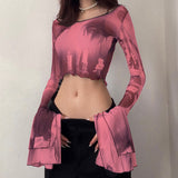 Zingj Slim Mesh Print Sleeve Horn Long Sleeve Perspective Crop Fashion Women's