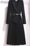 Women's Dress Notched Chiffon Elegant Dresses for Women 2023 Spring Pleated White Dress Belt Knee-Length Solid OL Woman