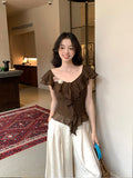 Xixi 2025 Summer New Elegant Temperament Flowers V Collared Leaf-Side Shirt Thin Top Lady