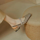 Diamond Sequin Crystal Shoes Small Square Head Mary Jane Head Sandal Women Simple Thick Heel Empty Single Shoes