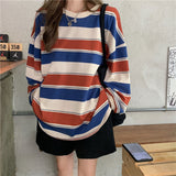 Zingj 2024 New Korean Version Of Loose Striped Long-Sleeve T-Shirt Female Ins Web Celebrity Students With Thin