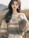 Fashion Style Sweater Korean Soft-Creative Languid Lazy Super-Good-Looking White Striped Print