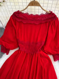Autumn Women Sexy Slash Neck Lace Patchwork Irregular Party Long Dress Red/Black/Green Lantern Sleeve Off Shoulder