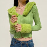 Zingj SUCHCUTE 2023 Streetwear Fashion Woman Cardigan Sweaters With Fur Trim Collar Korean Style Casual Female Cropped Sweater Knitted 1215-1-Outfit